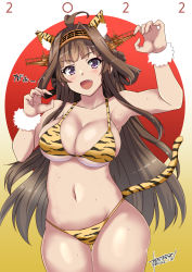 Rule 34 | 1girl, 2022, alternate costume, animal ears, animal print, aoi manabu, bikini, blush, breasts, brown hair, chinese zodiac, claw pose, cleavage, commentary request, dated, double bun, fang, female focus, fur trim, hair bun, headgear, kantai collection, kongou (kancolle), large breasts, long hair, print bikini, purple eyes, signature, simple background, solo, sweat, swimsuit, tail, tiger ears, tiger print, tiger tail, underboob, upper body, very long hair, year of the tiger
