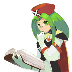 Rule 34 | 1girl, akumesik, armor, book, cape, closed mouth, glasses, gloves, grandia, grandia i, green eyes, green hair, hat, highres, long hair, mio (grandia), simple background, smile, solo, white background