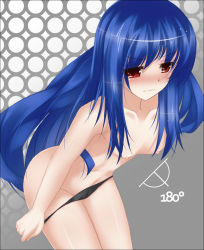 Rule 34 | 1girl, blue hair, blush, breasts, circussion, female focus, flat chest, hinanawi tenshi, hip focus, leaning forward, long hair, nipples, panties, panties only, panty pull, red eyes, solo, thighs, topless, touhou, underwear, underwear only, undressing, wavy mouth
