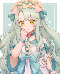 Rule 34 | 1girl, animal ears, bag, blush, breasts, collarbone, commentary request, dress, green background, green eyes, green hair, hair ornament, heart, highres, looking at viewer, open mouth, precia (princess connect!), princess connect!, ribbon, runa (runa7733), simple background, small breasts, solo, twitter username