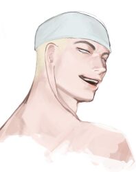 Rule 34 | 1boy, blonde hair, cropped shoulders, disdain, enel, jitome, light smile, long earlobes, looking to the side, male focus, nude, one piece, open mouth, short hair, sokometi, solo, thick eyebrows