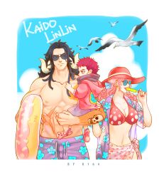 Rule 34 | 1girl, 2boys, abs, aged down, animal, arm tattoo, artist name, bikini, bird, black hair, bow, breasts, carrying, character name, charlotte katakuri, charlotte linlin, chest tattoo, child, cleavage, closed mouth, collarbone, contemporary, day, drawstring, earrings, fingernails, floral print, food, hair bow, halterneck, hand on another&#039;s arm, height difference, highres, holding, holding swim ring, hood, hood down, hoodie, horns, innertube, jewelry, k164, kaidou (one piece), large breasts, long hair, looking at another, male swimwear, mother and son, multiple boys, muscular, muscular male, nail polish, navel, one piece, open clothes, open mouth, open shirt, outdoors, pectorals, pink hair, popsicle, print male swimwear, print shirt, print swim trunks, print swimsuit, purple male swimwear, purple swim trunks, red eyes, red hair, red nails, scar, seagull, shirt, short hair, short sleeves, stitches, stomach, sunglasses, swim ring, swim trunks, swimsuit, tattoo, topless male