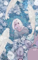 Rule 34 | 1girl, bare legs, black socks, bubble, cherry blossoms, commentary request, fish, flower, from above, green eyes, highres, hood, hoodie, koi, leaf, long sleeves, looking down, multicolored eyes, original, outdoors, pink eyes, puddle, reaching, reaching towards viewer, seraphitalg, shoes, short hair, sneakers, socks, solo, white footwear, white hair