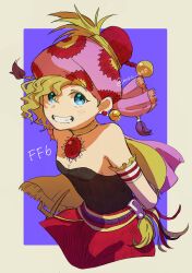 Rule 34 | 1girl, armband, bare shoulders, blonde hair, blue eyes, breasts, choker, earrings, final fantasy, final fantasy vi, hat, highres, jewelry, long hair, looking at viewer, purple hat, relm arrowny, small breasts, smile, solo, strapless, udachi, white armband