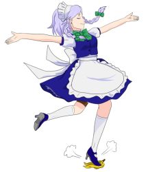 Rule 34 | 1girl, apron, banana peel, bow, braid, earrings, closed eyes, female focus, full body, hair bow, high heels, izayoi sakuya, jewelry, kneehighs, leg up, maid headdress, open hands, outstretched arms, radifus, shoes, short hair, short sleeves, silver hair, skirt, smile, socks, solo, spread arms, touhou, transparent background, twin braids, vest, waist apron, white socks