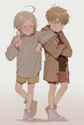 Rule 34 | 19 tian, 2girls, ahoge, arm on another&#039;s shoulder, asymmetrical bangs, black shirt, blush, brown hair, brown shorts, buttons, closed eyes, commentary, crossed arms, full body, gradient background, grey background, grey shirt, grin, highres, hood, hooded jacket, jacket, jian yi, long sleeves, looking at viewer, male focus, multiple girls, open clothes, open jacket, parted bangs, shirt, shoes, shorts, smile, sneakers, v, weyowang, white footwear, yellow shorts, zhan zheng xi