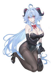 Rule 34 | 1girl, absurdres, ahoge, alternate costume, bare shoulders, black footwear, black gloves, black leotard, black pantyhose, blue hair, bow, bowtie, breasts, cleavage, commentary request, covered navel, detached collar, echj, elbow gloves, ganyu (genshin impact), genshin impact, gloves, hair between eyes, high heels, highres, horns, kneeling, large breasts, leotard, long hair, looking at viewer, pantyhose, purple eyes, red bow, red bowtie, shoes, simple background, solo, strapless, strapless leotard, thighband pantyhose, thighs, very long hair, white background, wrist cuffs