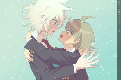 Rule 34 | 2boys, :d, ahoge, blush, brown hair, brown jacket, collared shirt, danganronpa: trigger happy havoc, danganronpa (series), danganronpa 3 (anime), eye contact, from side, gradient hair, grey hair, hair between eyes, happy, highres, hope&#039;s peak academy school uniform, hug, jacket, komaeda nagito, long sleeves, looking at another, messy hair, misoko (toomuchsushi), multicolored hair, multiple boys, naegi makoto, necktie, official alternate costume, open mouth, red necktie, school uniform, shirt, short hair, smile, translation request, upper body, white hair, white shirt, yaoi