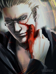 Rule 34 | 1boy, alexander anderson, artist name, beard, blonde hair, blood, blood on face, blood on hands, blue eyes, chest hair, commentary request, facial hair, glasses, hellsing, male focus, portrait, smile, solo, toshimichi yukari, watermark, web address