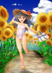 Rule 34 | 1girl, :d, arm behind head, arm up, bag, black hair, blush, bottle, child, cloud, collarbone, covered navel, day, flat chest, flower, full body, gluteal fold, groin, hat, holding, holding bag, leg up, long hair, one-piece swimsuit, open mouth, original, outdoors, path, red eyes, road, running, sandals, school swimsuit, sky, smile, solo, sun hat, sunflower, swimsuit, tewo, white one-piece swimsuit