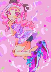 Rule 34 | 1girl, absurdres, ass, bear hair ornament, bike shorts, commentary, cross-laced footwear, dot nose, drill hair, eyelashes, finger to cheek, full body, hair ornament, hairband, highres, long hair, looking at viewer, nintendo, octoling, octoling girl, octoling player character, payayo884, pink background, pink eyes, pink footwear, pink hair, pink shirt, print shirt, shirt, shoes, smile, solo, splatoon (series), symbol-only commentary, tentacle hair, thick eyebrows, two-tone shirt, white shirt