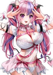 Rule 34 | 1girl, arm strap, belt, breasts, chest belt, choker, demon girl, demon tail, demon wings, fang, garter straps, hair ornament, head wings, heart, heart choker, heart hair ornament, highres, ironmouse, ironmouse (demon form), large breasts, long hair, looking at viewer, momomomooo13, multicolored hair, nail polish, open mouth, panties, pink belt, pink choker, pink hair, purple eyes, purple hair, red nails, see-through, see-through skirt, skirt, smile, solo, streaked hair, tail, twintails, underwear, virtual youtuber, vshojo, white garter straps, white panties, white wrist cuffs, wings, wrist cuffs