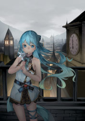 Rule 34 | 1girl, armpits, bad id, bad pixiv id, bare shoulders, belt, blue eyes, blue hair, blurry, bow, breasts, city, city lights, clock, clock tower, cloud, cloudy sky, depth of field, dusk, fantasy, flower, hair bow, highres, hill, holding, holding flower, lily (flower), long hair, looking at viewer, original, railing, saraki, shorts, sideboob, signature, sky, sleeveless, small breasts, smile, solo, standing, steeple, tower