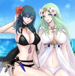 Rule 34 | 2girls, :d, absurdres, bare arms, bare shoulders, bikini, black bikini, blue eyes, blue hair, blue sky, breasts, byleth (female) (fire emblem), byleth (female) (summer) (fire emblem), byleth (fire emblem), cloud, commentary request, dagger, day, fire emblem, fire emblem: three houses, fire emblem heroes, flower, green eyes, green hair, hair flower, hair ornament, helen (helen2210hk), hibiscus, highres, knife, large breasts, lens flare, long hair, looking at viewer, multiple girls, navel, nintendo, ocean, official alternate costume, open mouth, red flower, rhea (fire emblem), rhea (summer) (fire emblem), sitting, sky, smile, stomach, swimsuit, thighs, very long hair, water, weapon, white bikini, white flower