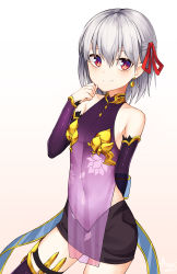 Rule 34 | 1girl, bare shoulders, breasts, collarbone, commentary request, detached sleeves, dress, earrings, fate/grand order, fate (series), hair between eyes, hair ribbon, highres, jewelry, kama (fate), kama (first ascension) (fate), looking to the side, navel, purple dress, red eyes, red ribbon, ribbon, short hair, silver hair, simple background, small breasts, smile, solo, thighhighs, white background, yansae81