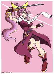 Rule 34 | 1girl, belt, black shorts, boots, bracelet, bright pupils, brown footwear, commentary, commission, dress, english commentary, fingerless gloves, full body, gloves, hair ribbon, holding, holding sword, holding weapon, jewelry, long hair, looking at viewer, open mouth, pink background, ponytail, purple belt, purple hair, quarium, red dress, ribbon, scarf, shorts, simple background, solo, sword, touhou, twitter username, v-shaped eyebrows, very long hair, watatsuki no yorihime, weapon, white background, white pupils, white scarf, yellow ribbon