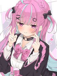 Rule 34 | 1girl, absurdres, ahoge, bent v, black bow, black jacket, blazer, blue hair, blush, bow, bowtie, cat hair ornament, cat o-ring, choker, closed mouth, collared shirt, colored inner hair, commentary, double v, hair bow, hair ornament, heart, highres, hololive, jacket, long hair, long sleeves, looking at viewer, minato aqua, minato aqua (school uniform), multicolored hair, o-ring, o-ring choker, official alternate costume, open clothes, open jacket, pink bow, pink bowtie, pink eyes, pink hair, pink skirt, plaid, plaid bow, plaid bowtie, shirt, skirt, smile, solo, streaked hair, symbol-only commentary, two-tone hair, two side up, v, virtual youtuber, white shirt, x hair ornament, yunon oto mad