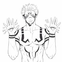 Rule 34 | 1boy, abs, arm tattoo, chest tattoo, extra eyes, facial tattoo, hand mouth, hands up, highres, jujutsu kaisen, looking at viewer, male focus, marrbl, muscular, muscular male, pectorals, ryoumen sukuna (jujutsu kaisen), short hair, shoulder tattoo, smile, solo, stomach tattoo, tattoo, tongue, tongue out, topless male