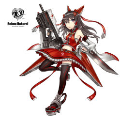 Rule 34 | 1girl, adapted costume, alternate weapon, bare shoulders, black eyes, black hair, black thighhighs, bow, character name, clog sandals, dagger, detached sleeves, elbow gloves, female focus, fingerless gloves, gia, gloves, gun, hair bow, hair ornament, hair tubes, hakurei reimu, highres, japanese clothes, knife, leg lift, long hair, mecha musume, midriff, miko, multicolored eyes, okobo, pink eyes, sandals, shide, simple background, skirt, solo, standing, standing on one leg, suppressor, thighhighs, touhou, weapon, yin yang