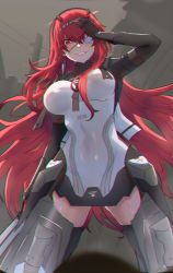 Rule 34 | 1girl, absurdres, arm at side, arm up, bodysuit, breasts, covered navel, hairband, head tilt, highres, kongbai huanxiang, long hair, looking at viewer, medium breasts, punishing: gray raven, red eyes, red hair, sidelocks, simple background, smirk, solo, vera: rozen (punishing: gray raven), vera (punishing: gray raven), very long hair