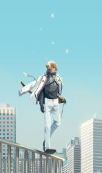 Rule 34 | 1boy, black gloves, black shirt, blonde hair, blue sky, brown footwear, building, chinese commentary, city, clear sky, closed mouth, commentary request, dated commentary, day, full body, gloves, higekiri (touken ranbu), jacket, jacket on shoulders, looking afar, male focus, military, military uniform, on railing, outdoors, pants, railing, scabbard, sheath, shirt, shirt tucked in, shoes, short hair, sky, skyscraper, smile, solo, standing, touken ranbu, uniform, walking on railing, white jacket, white pants, yellow eyes, zi tsas