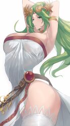 1girl absurdres armlet bare_shoulders breasts calmgreentori circlet dress forehead_jewel green_eyes green_hair highres jewelry kid_icarus kid_icarus_uprising large_breasts long_hair looking_at_viewer nintendo palutena solo thighhighs tiara very_long_hair white_dress