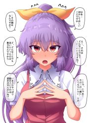 Rule 34 | 1girl, blush, commentary request, fusu (a95101221), hair ribbon, long hair, looking at viewer, nose blush, open mouth, ponytail, purple hair, red eyes, ribbon, short sleeves, simple background, solo, speech bubble, touhou, translation request, upper body, watatsuki no yorihime, white background, yellow ribbon