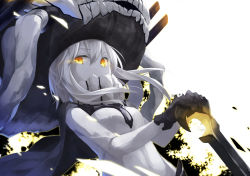 Rule 34 | 10s, 1girl, abyssal ship, bodysuit, breasts, cane, cape, covered mouth, gloves, glowing, glowing eyes, hat, highres, kantai collection, leyte, long hair, looking at viewer, pale skin, silver hair, simple background, solo, tentacles, upper body, white background, wo-class aircraft carrier, yellow eyes