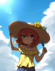 Rule 34 | 1girl, aki inu, alternate costume, blonde hair, blue sky, blush, braid, closed mouth, cloud, commentary request, day, dress, etorofu (kancolle), flower, food, gradient hair, hair between eyes, hat, kantai collection, looking at viewer, multicolored hair, orange hair, outdoors, popsicle, shirt, sky, sleeveless, sleeveless shirt, smile, solo, standing, straw hat, sunflower, thick eyebrows, twin braids