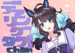 Rule 34 | 1girl, ahoge, animal ears, black hair, bow, bowtie, character name, commentary, daring tact (umamusume), green eyes, heart, hi (ibisf5umauma), highres, horse ears, leaning to the side, long hair, looking at viewer, notice lines, open mouth, purple bow, purple bowtie, purple shirt, sailor collar, school uniform, shirt, smile, solo, spoken heart, symbol-only commentary, tracen school uniform, twitter username, umamusume, upper body