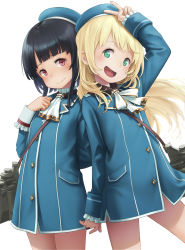 Rule 34 | 2girls, :d, aged down, arm at side, arm behind back, arm up, atago (kancolle), binoculars, black hair, blazer, blonde hair, blunt bangs, blush, child, frilled sleeves, frills, green eyes, head tilt, highres, jacket, kakinomai, kantai collection, long hair, long sleeves, looking at viewer, machinery, multiple girls, open mouth, red eyes, short hair with long locks, simple background, smile, takao (kancolle), v, white background