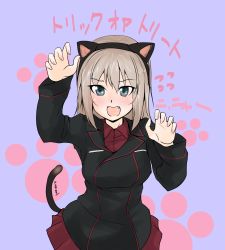 Rule 34 | 1girl, abimaru gup, absurdres, animal ears, black jacket, blue eyes, blush, cat ears, cat tail, claw pose, commentary, cowboy shot, dress shirt, fake animal ears, fake tail, fangs, flying sweatdrops, frown, girls und panzer, halloween, highres, itsumi erika, jacket, kuromorimine military uniform, long sleeves, looking at viewer, medium hair, military, military uniform, miniskirt, open mouth, paw print, pleated skirt, purple background, red shirt, red skirt, shirt, silver hair, skirt, solo, standing, tail, translated, trick or treat, twitter username, uniform, wing collar