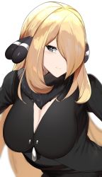 Rule 34 | 1girl, bad id, bad twitter id, black shirt, blonde hair, blurry, blurry background, breasts, cleavage, creatures (company), cynthia (pokemon), fur collar, game freak, grey eyes, hair ornament, hair over one eye, highres, large breasts, light smile, long hair, looking at viewer, nintendo, pokemon, pokemon dppt, shirt, simple background, solo, upper body, very long hair, white background, yuuyuu (yuuki1771)