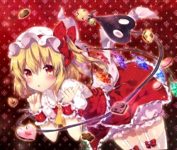 Rule 34 | 1girl, bent over, blonde hair, bloomers, blush, checkerboard cookie, cookie, dress, flandre scarlet, fleur-de-lis, food, garter straps, hat, heart, laevatein, looking at viewer, mob cap, puffy short sleeves, puffy sleeves, red dress, red eyes, riichu, sash, shirt, short sleeves, side ponytail, solo, thighhighs, touhou, underwear, white thighhighs, wings, wrist cuffs, zettai ryouiki