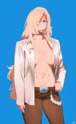 Rule 34 | 1girl, belt, blazer, blonde hair, blue background, blue eyes, breasts, choker, commentary, denim, earrings, english commentary, hair over one eye, jacket, jeans, jewelry, large breasts, long hair, long sleeves, looking at viewer, miami-chan (ryusei hashida), navel, no bra, one eye covered, original, pants, ring, ryusei hashida, simple background, solo, white jacket