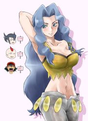 Rule 34 | 00s, 10s, 1girl, 3boys, arm behind head, armpits, ash ketchum, bad id, bad pixiv id, bare shoulders, black hair, blue eyes, blue hair, blush, breasts, child, cleavage, creatures (company), crop top, drooling, elite four, game freak, grimsley (pokemon), groin, highres, karen (pokemon), long hair, matsumoto rika, midriff, multiple boys, navel, nintendo, open mouth, pokemon, pokemon (anime), pokemon bw, pokemon hgss, pokemon rse, shirt, sidney (pokemon), sign, silver hair, smile, strap slip, sweat, translated, turizao, voice actor connection, yu-gi-oh!
