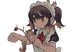 Rule 34 | 1girl, acorn, animal, animal on arm, animal on head, animal on shoulder, apron, black dress, bow, bowtie, branch, brown eyes, brown hair, clenched hand, collared dress, commentary request, dress, frilled apron, frills, hands up, highres, holding, holding branch, kezuru, maid headdress, medium hair, no mouth, no pupils, no sclera, on head, original, ponytail, puffy short sleeves, puffy sleeves, red bow, red bowtie, short sleeves, simple background, solo, squirrel, upper body, white apron, white background