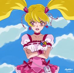Rule 34 | 1girl, 2022, artist name, blonde hair, blue sky, choker, cloud, collarbone, crossed arms, cure peach, dated, day, earrings, fresh precure!, gunbuster pose, hair ornament, heart, heart earrings, heart hair ornament, highres, jewelry, layered skirt, long hair, looking at viewer, miniskirt, nightstark, outdoors, pink eyes, pink skirt, precure, red choker, shirt, short sleeves, skirt, sky, solo, twintails, underbust, white shirt, wrist cuffs