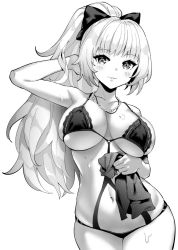 Rule 34 | 1girl, arm up, armpits, azur lane, bare arms, bare shoulders, bikini, bow, breasts, cleavage, cowboy shot, greyscale, hair bow, hori (hori no su), jewelry, large breasts, long hair, looking at viewer, monochrome, navel, necklace, parted lips, ponytail, skindentation, solo, standing, stomach, string bikini, swimsuit, vittorio veneto (azur lane), vittorio veneto (the flower of la spezia) (azur lane), wet