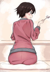 Rule 34 | 1girl, ass, blush, brown eyes, brown hair, commentary, elbow gloves, from behind, girls und panzer, gloves, gym uniform, holding, isobe noriko, jacket, looking to the side, on pillow, open mouth, pants, red jacket, red pants, short hair, sitting, smile, solo, toku (yhpv8752), track jacket, track pants