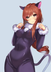 Rule 34 | 1girl, animal ears, blush, bodysuit, breasts, cat ears, catsuit, closed mouth, clothes lift, contrapposto, covered navel, erica fontaine, fur collar, fur trim, head tilt, highres, kagematsuri, large breasts, latex, latex suit, long hair, long sleeves, paw pose, pom pom (clothes), red hair, sakura taisen, sakura taisen iii, silver background, simple background, skirt, skirt lift, smile, solo, standing
