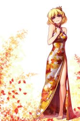 Rule 34 | 1girl, aki shizuha, alternate costume, arm behind back, autumn leaves, bare arms, bare legs, bare shoulders, barefoot, blonde hair, breasts, china dress, chinese clothes, commentary, crying, crying with eyes open, dress, full body, hair ornament, hand up, hater (hatater), highres, leaf, leaf hair ornament, leaf print, looking at viewer, medium breasts, short hair, side slit, solo, standing, tears, touhou, white background