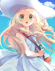Rule 34 | 1girl, bag, bare arms, bare shoulders, blonde hair, blush, braid, breasts, chestnut mouth, cloud, cowboy shot, creatures (company), day, dress, duffel bag, eyelashes, floating hair, game freak, green eyes, hand on headwear, hand up, hat, holding strap, kicori, kicorikkka, lillie (pokemon), long hair, looking at viewer, nintendo, open mouth, outdoors, pokemon, pokemon sm, sky, sleeveless, sleeveless dress, small breasts, solo, sun hat, twin braids, white dress, white hat