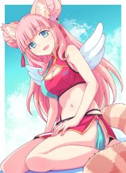 Rule 34 | 1girl, :d, animal ear fluff, animal ears, bare arms, bare shoulders, breasts, character request, cleavage, double bun, e20, green eyes, hair bun, highres, long hair, looking at viewer, medium breasts, mini wings, navel, open mouth, pink hair, red skirt, show by rock!!, sitting, skirt, smile, solo, striped tail, tail, very long hair, wariza, white wings, wings