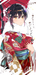 Rule 34 | 1girl, 2024, absurdres, black hair, brown eyes, commentary request, flower, hair between eyes, hair flower, hair ornament, hair ribbon, highres, japanese clothes, kimono, long hair, long sleeves, looking at viewer, new year, oil-paper umbrella, original, parted lips, ponytail, red kimono, ribbon, scarf, sidelocks, signature, simple background, solo, umbrella, upper body, white background, white scarf, wide sleeves, yaegashi nan