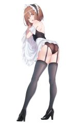 Rule 34 | 1girl, absurdres, arm cuffs, ass, bare shoulders, black footwear, black thighhighs, brown eyes, brown hair, brown panties, corset, deatheach, full body, garter straps, high heels, highres, looking at viewer, looking back, maid, maid headdress, open mouth, original, panties, shoes, short hair, simple background, skirt, solo, standing, thighhighs, underwear, white background, white skirt