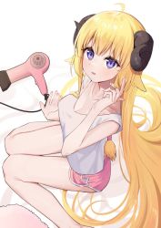 Rule 34 | 1girl, bare legs, blonde hair, blush, breasts, hair dryer, hand up, hololive, horns, long hair, looking at viewer, medium breasts, open mouth, purple eyes, sheep horns, sheep tail, shirt, short shorts, shorts, simple background, sitting, solo, sweatdrop, syhan, tail, tsunomaki watame, very long hair, virtual youtuber, wariza, white background, white shirt