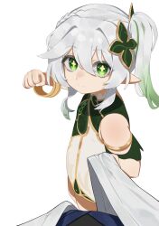 Rule 34 | 1boy, 1girl, clenched hand, closed mouth, cross-shaped pupils, fingernails, flasso, genshin impact, green eyes, green hair, grey hair, hair ornament, highres, incoming attack, incoming punch, looking at another, looking at viewer, multicolored hair, nahida (genshin impact), out of frame, pointy ears, punching, scaramouche (genshin impact), shirt grab, simple background, smile, solo focus, standing, symbol-shaped pupils, two-tone hair, wanderer (genshin impact), white background