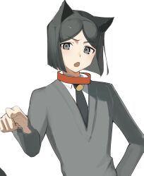 Rule 34 | 1boy, animal collar, animal ears, black hair, black necktie, cat ears, collar, collared shirt, fate/zero, fate (series), grey eyes, grey sweater, highres, kemonomimi mode, long sleeves, looking at viewer, male focus, necktie, open mouth, pointing, pointing at viewer, shirt, short hair, simple background, solo, sweater, tokoni fusu, upper body, waver velvet, white background, white shirt