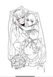 Rule 34 | 2girls, animal ears, bandaid, bandaid on face, bandaid on nose, banseog, blush, bouquet, bow, breasts, carrying, carrying person, dress, flower, gloves, greyscale, hair flower, hair ornament, hairband, head hug, highres, holding, holding bouquet, horse ears, horse girl, horse tail, hug, jacket, lipstick mark, lipstick mark on face, long hair, looking at viewer, looking to the side, mayano top gun (sunlight bouquet) (umamusume), mayano top gun (umamusume), monochrome, mouth hold, multiple girls, narita brian (umamusume), small breasts, spot color, stalk in mouth, standing, tail, umamusume, wedding dress, yuri